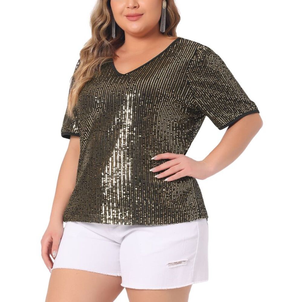 Plus Size Sequin Tops Sparkly V Neck Short Sleeve Party Blouses Gold